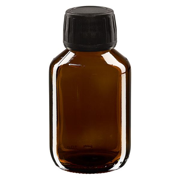 Flacon médical 100 ml couleur ambrée avec bouchon noir Flacon médical 100 ml couleur ambrée avec bouchon noir