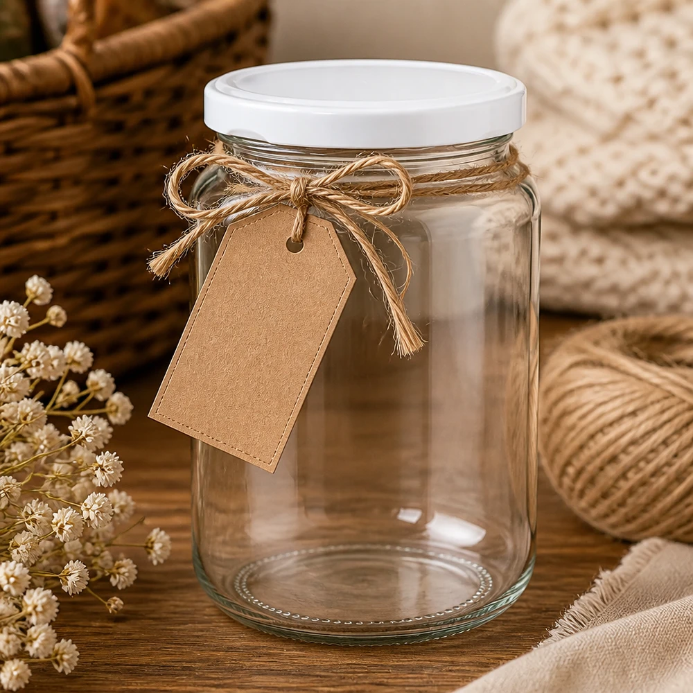 382ml UNiTWIST Verre rond vide décoré avec une corde de jute et une étiquette cadeau sur une table en bois avec des fleurs séchées