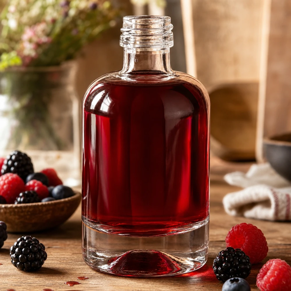 Bouteille en verre Sara de 40ml remplie de liqueur de baies rouges entourée de baies fraîches comme décoration sans bouchon