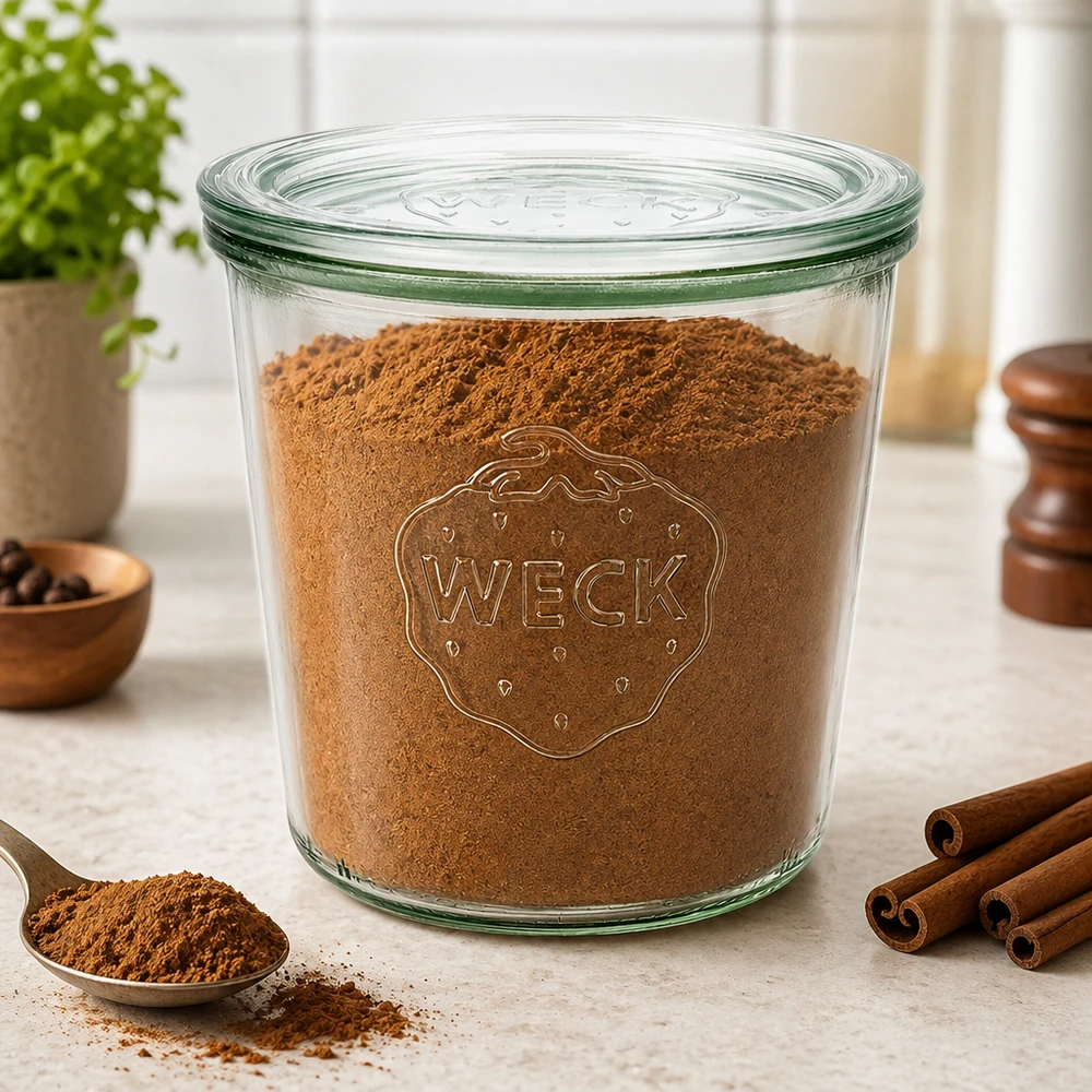 Bocal en verre de 580 ml avec couvercle en verre WECK RR100 WECK Pot renversé 580ml RR100 rempli de cacao en poudre et de cannelle sur le plan de travail pour la conservation des épices
