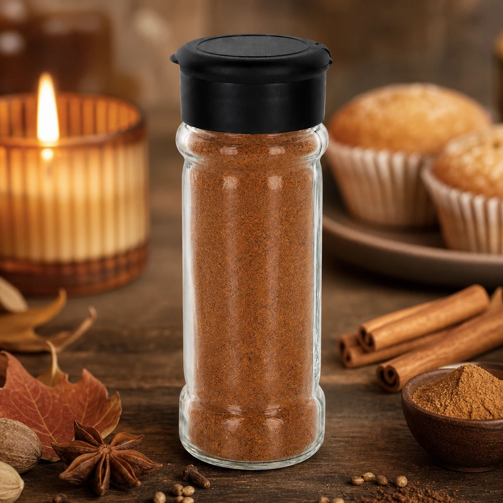 Pot à sel/épices 100 ml avec saupoudreuse, noir Petit pot à épices rond en verre transparent de 100 ml avec couvercle en plastique noir, dans un décor automnal