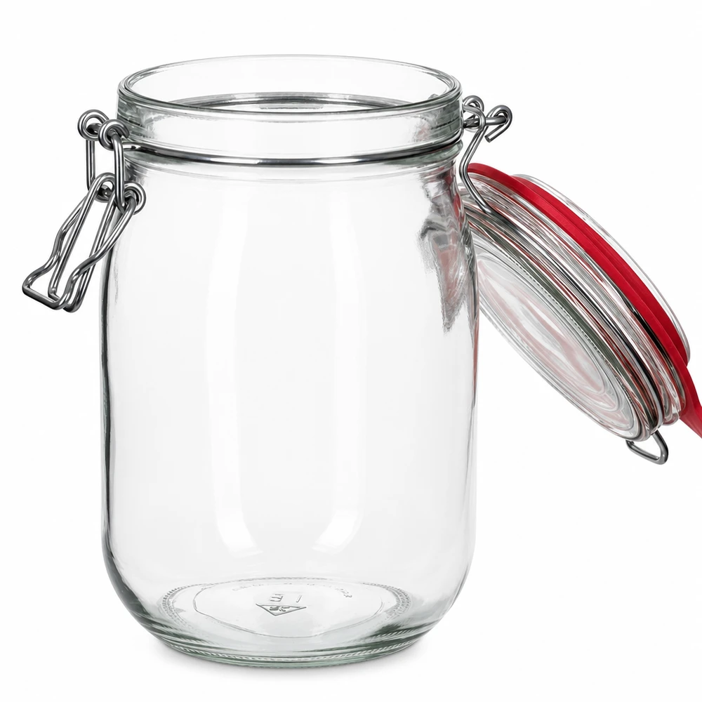 Grand bocal en verre transparent avec joint en caoutchouc rouge et anse en métal 1140ml