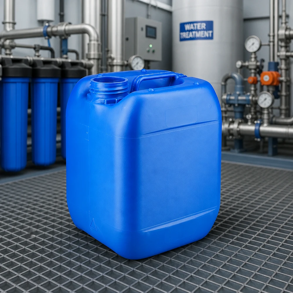 Bidon 5 litres bleu sans bouchon Bidon rectangulaire en plastique bleu de 5 L, sans couvercle, posé sur un fond grillagé