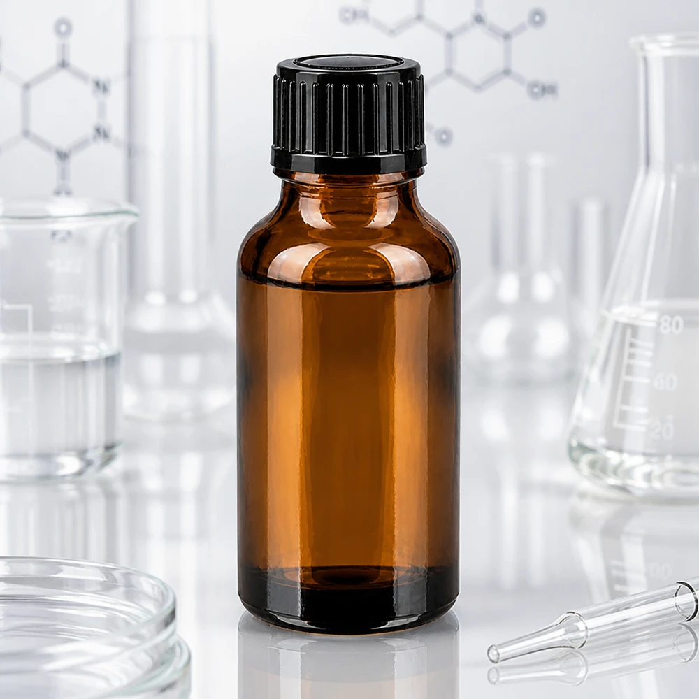 Petit flacon de pharmacie de 20 ml en verre brun avec un bec verseur de 1 mm, dans un environnement de laboratoire