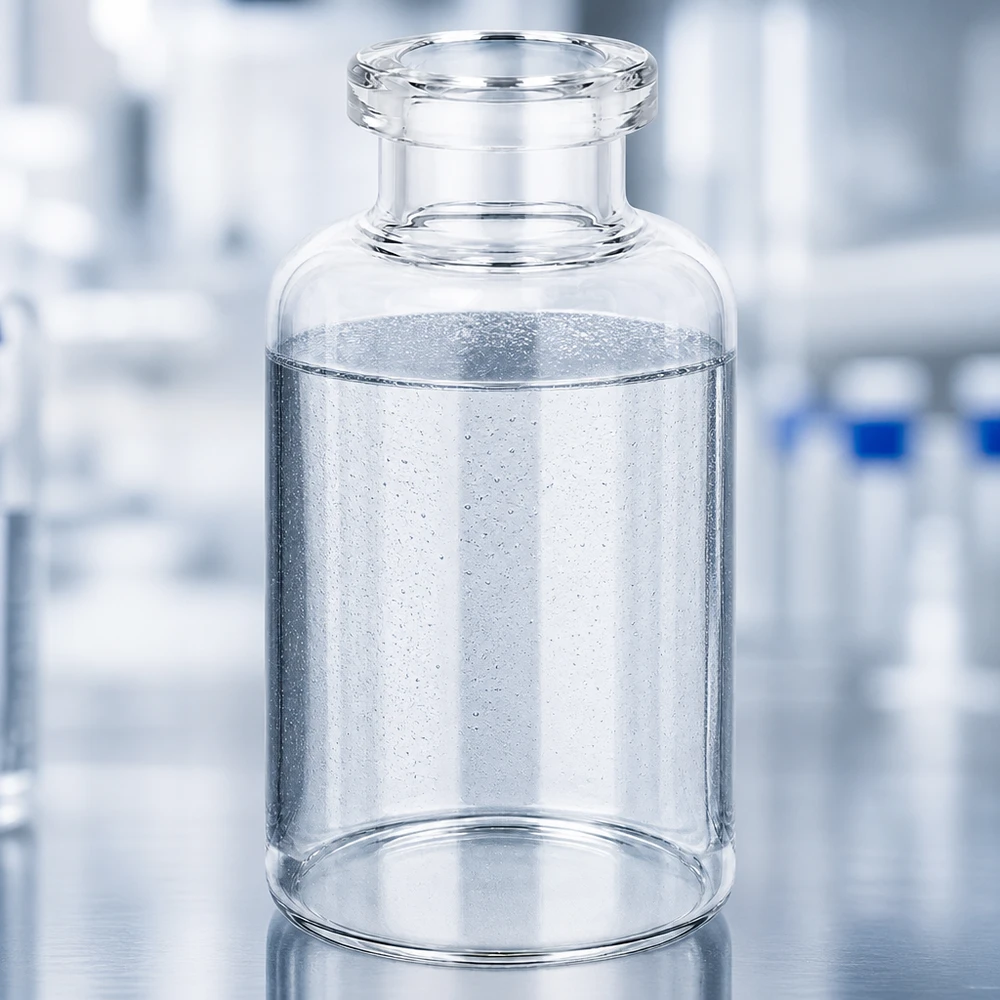 Transparente 30ml Pharmaglasflasche mit wässrigem Inhalt und sichtbaren Mikroblasen Laborumgebung