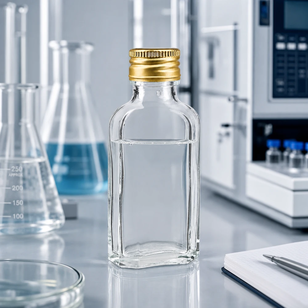 50 ml Meplat transparent avec bouchon alu or PP22 Flacon en verre transparent Meplat de 50 ml avec bouchon doré PP22, à côté de fioles Erlenmeyer et d'instruments de laboratoire