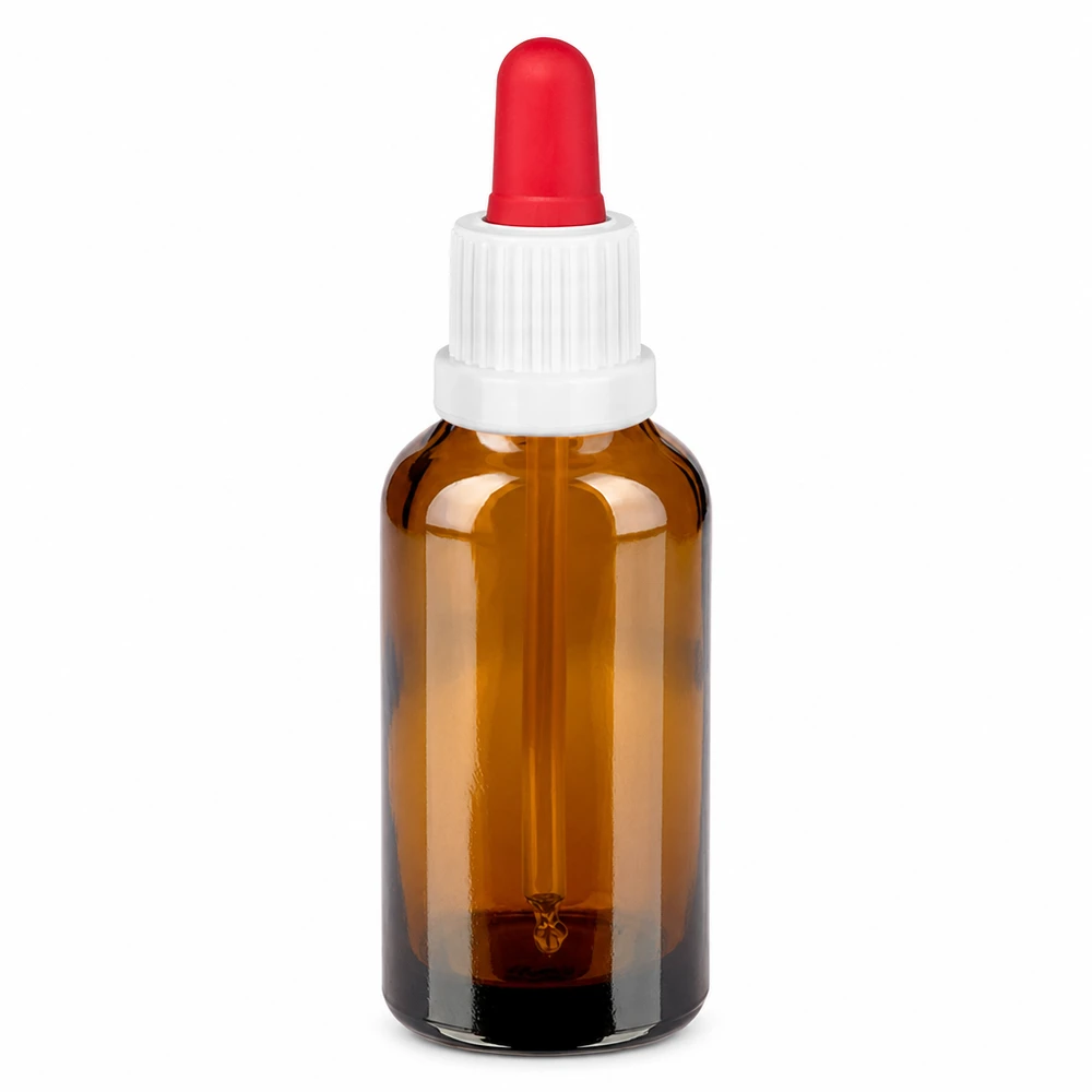 Bouteille pipette 30ml blanc/rouge OV BrownLine UT18/30 Flacon compte-gouttes compact de 30 ml BrownLine en verre brun avec bouchon compte-gouttes pratique