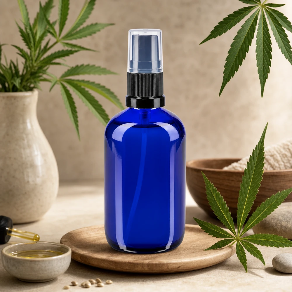 Flacon de pharmacie bleu 100ml embout spray noir Flacon vaporisateur en verre bleu de 100 ml muni d'un vaporisateur noir, posé sur un plateau en bois parmi des feuilles de cannabis