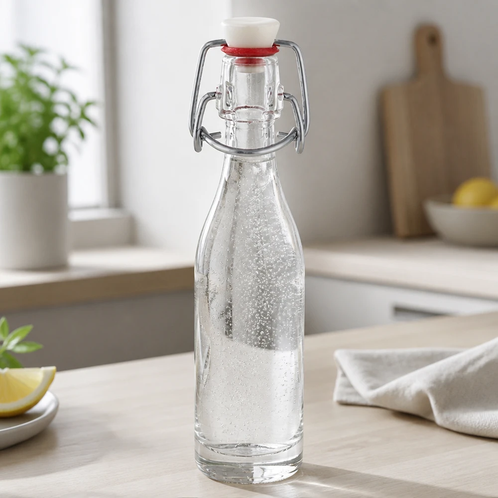 Bouteille en verre de 50 ml + bouchon mécanique PVC UNiTWIST Bouteille en verre de 50 ml avec bouchon à étrier, remplie d'eau dans une cuisine moderne - utilisation pratique au quotidien