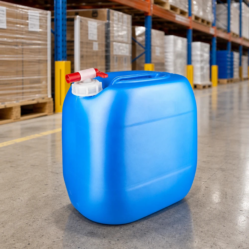 Bidon 30 litres bleu avec robinet Grand bac en plastique bleu de 30 litres avec robinet, dans un entrepôt industriel équipé de rayonnages à palettes