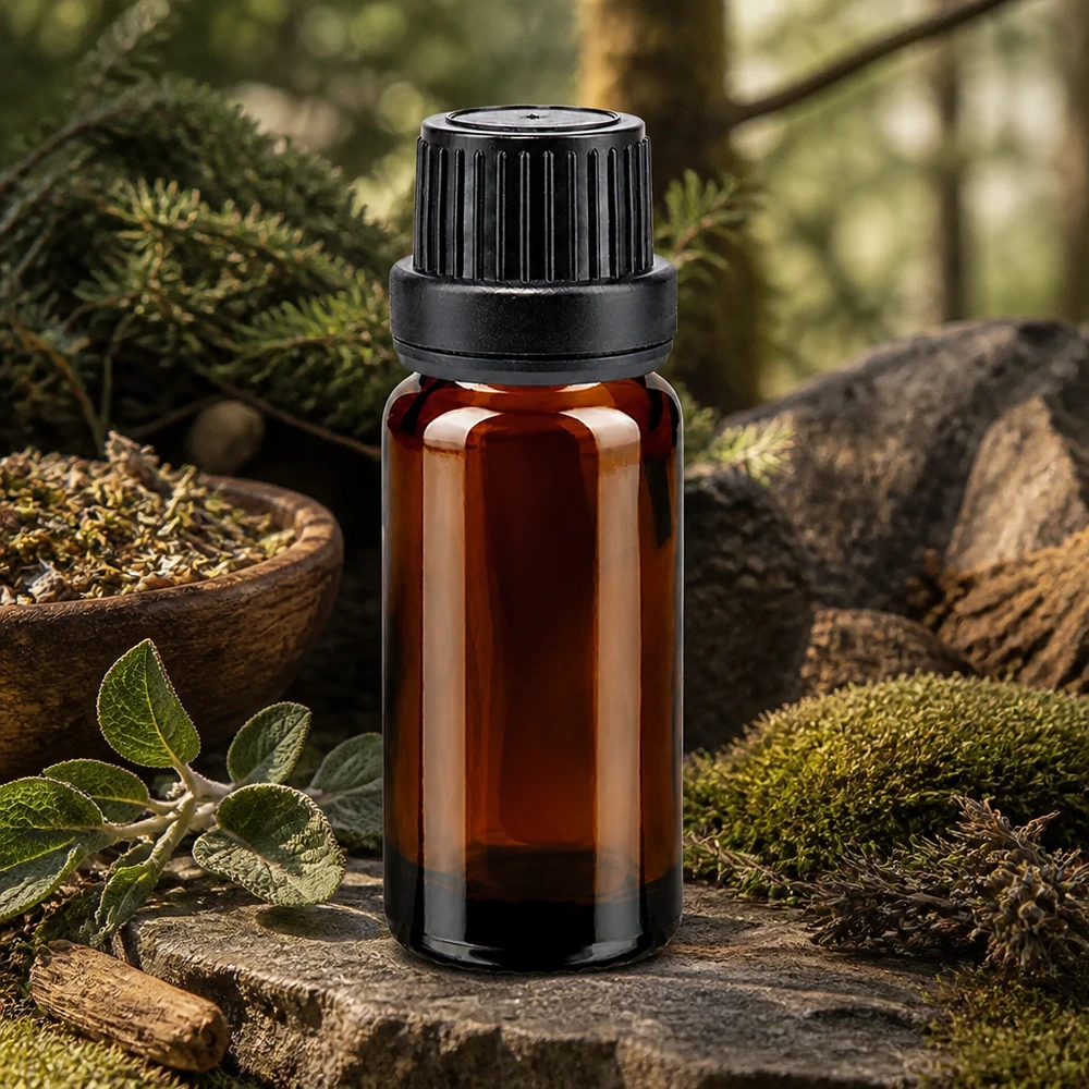 Flacon compte-gouttes ApoGlas de 10 ml, de couleur marron, avec des herbes naturelles et de la mousse en arrière-plan