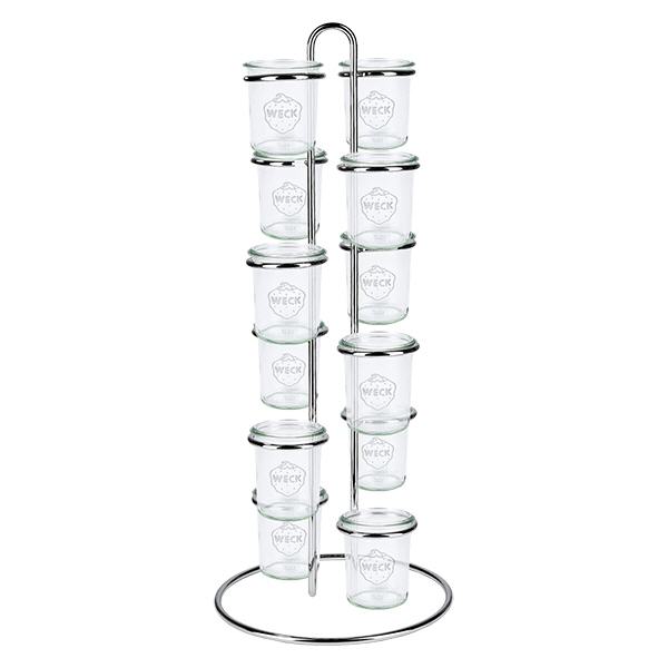 Support de service Vertico12 pour 12 bocal de verre WECK Porte-verre vertical équipé de 12 bocaux WECK montre un rangement pratique et une organisation peu encombrante