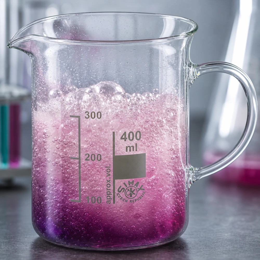 Bécher avec poignée 400ml en verre borosilicate résistant à la chaleur (forme normale) Bécher en verre borosilicaté Henkel de 400 ml, pour liquides moussants, violet-rose, expérience de laboratoire