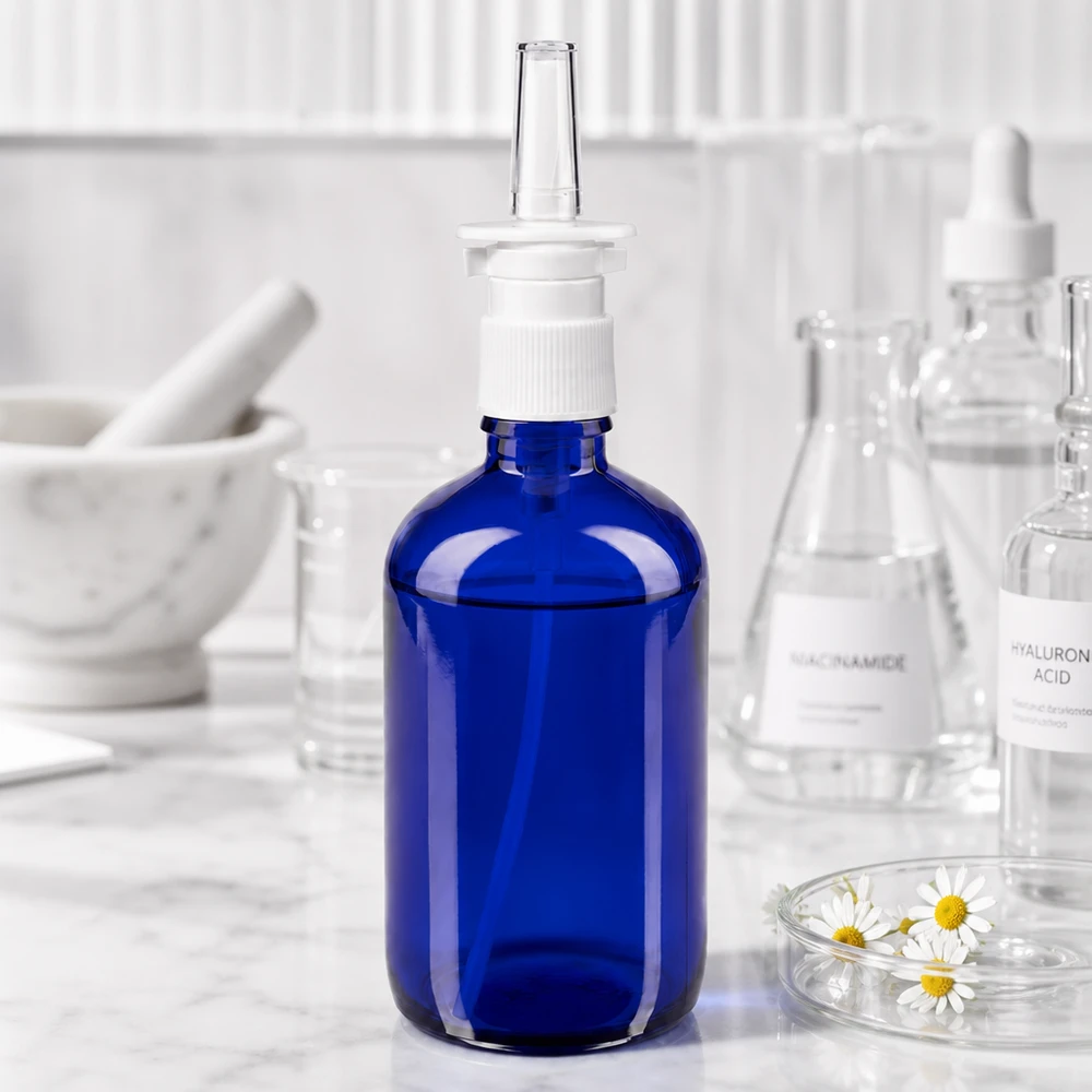 Flacon en verre d'apothicaire de 100 ml pour spray nasal, bleu, muni d'une pompe doseuse blanche, à côté d'un mortier et d'un pilon