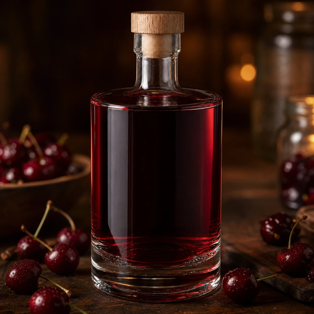 Bouteille en verre Marie de 500ml remplie de liqueur de cerise rouge - bouchon en bois - photo de produit Lifestyle avec des cerises