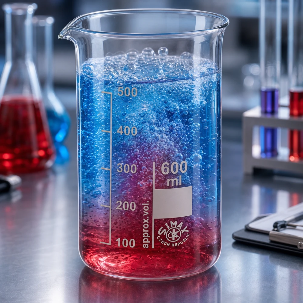 Bécher 600ml en verre borosilicate résistant à la chaleur (forme haute) Bécher de 600 ml en verre borosilicaté avec dégagement de gaz actif et mélange liquide bicolore