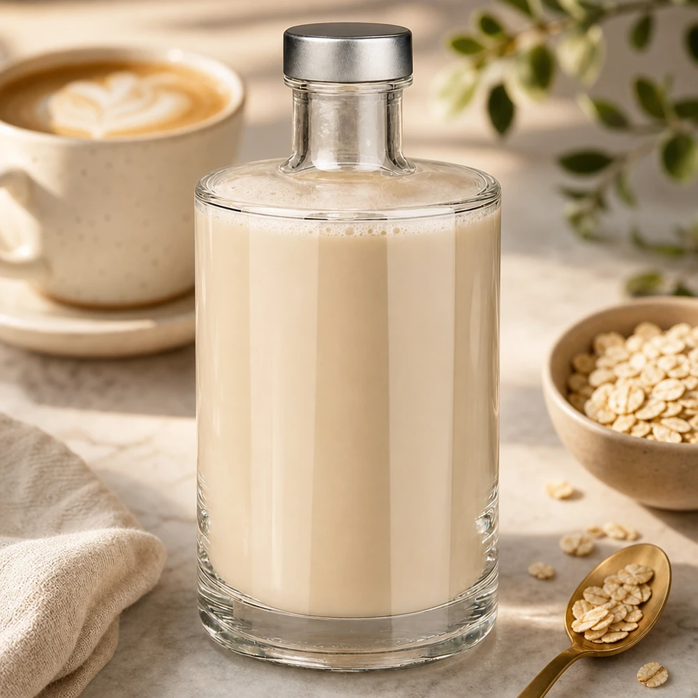 Bouteille en verre Sam de 375 ml remplie de lait d'avoine crémeux à côté d'une tasse de café et de flocons d'avoine dans une cuisine lumineuse
