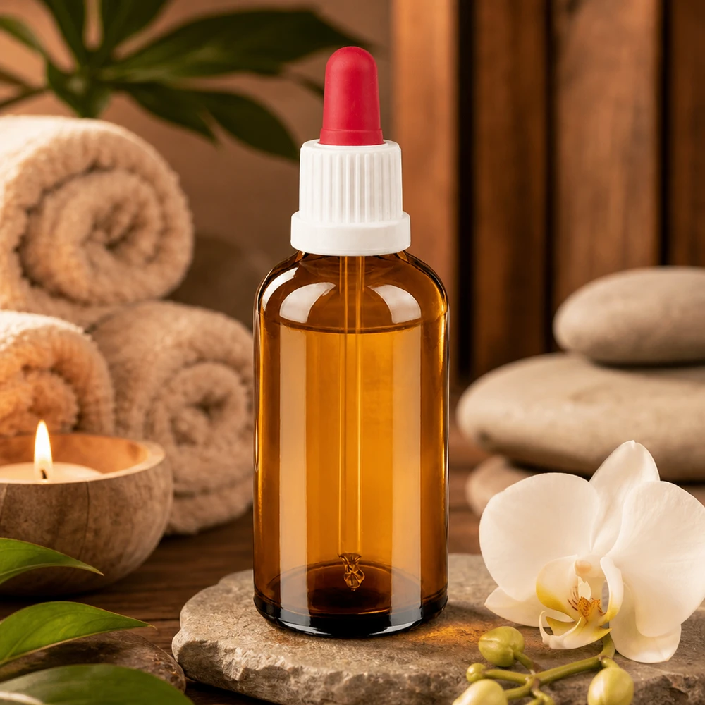 50ml flacon à pipette blanc/rouge OV BrownLine UT18/50 Petit flacon à pipette de 50 ml en verre brun anti-UV avec embout compte-gouttes coloré pour l'aromathérapie