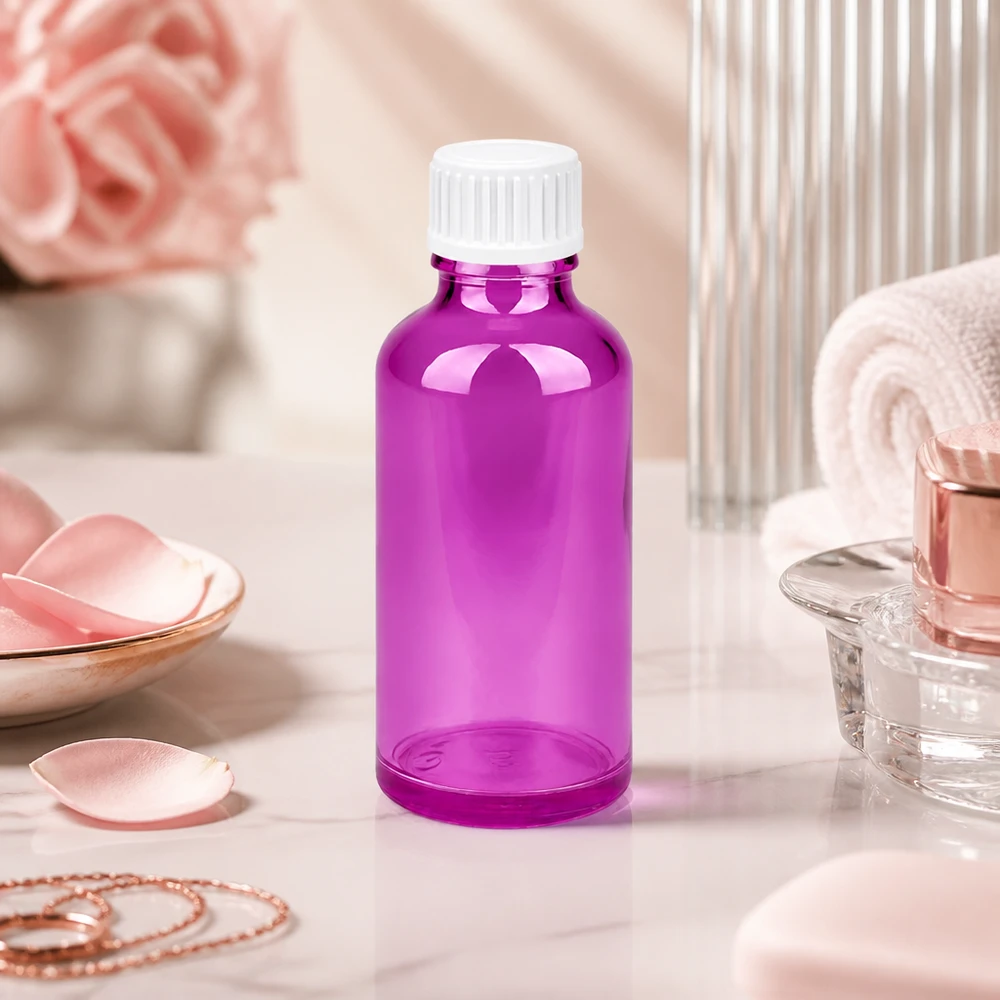 Flacon 50ml (globules) 3mm bague de coulée blanche standard PurpleLine. UT18/50 Bouteille en verre élégante de 50 ml au design pourpre, parfaite pour les créations de parfums et les mélanges de senteurs