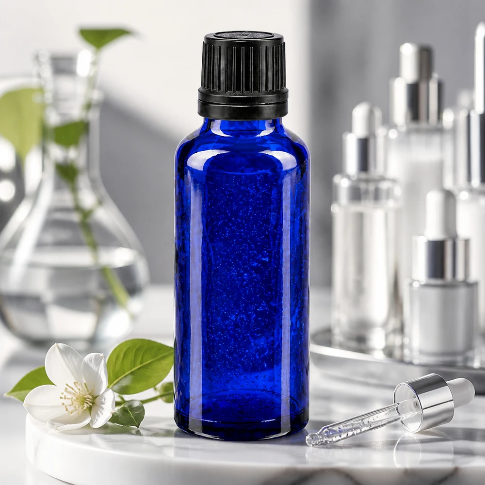 Bouteille de pharmacie bleue 30ml bouchon vissable noir bouchon d'inviolabilité Flacon en verre bleu scintillant de 30 ml muni d'un bouchon à vis à l'épreuve des enfants, à côté d'une fleur de jasmin blanche