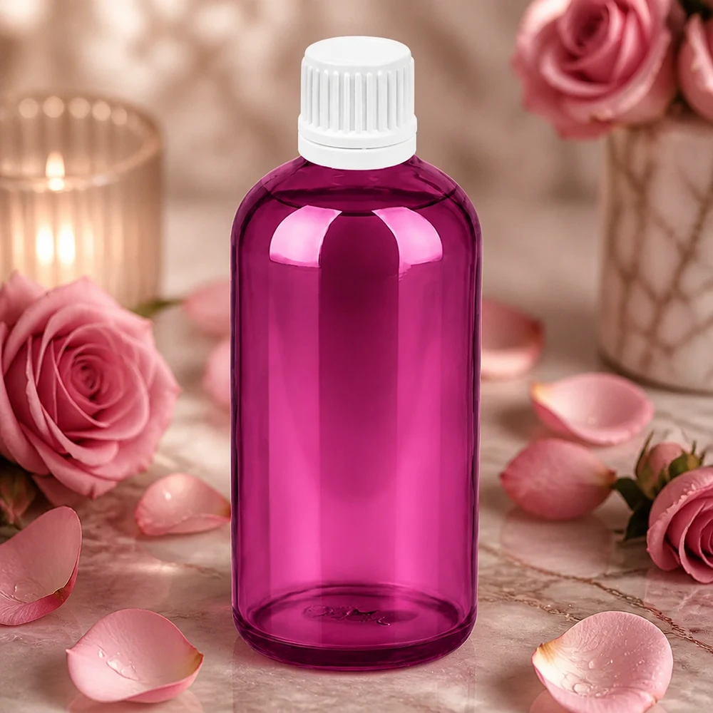 Flacon compte-gouttes 100ml 0,7mm blanc Originalité Bouchon à vis PurpleLine UT18/100 Flacon doseur pratique de 100 ml au design pourpre avec embout compte-gouttes blanc pour les applications de beauté