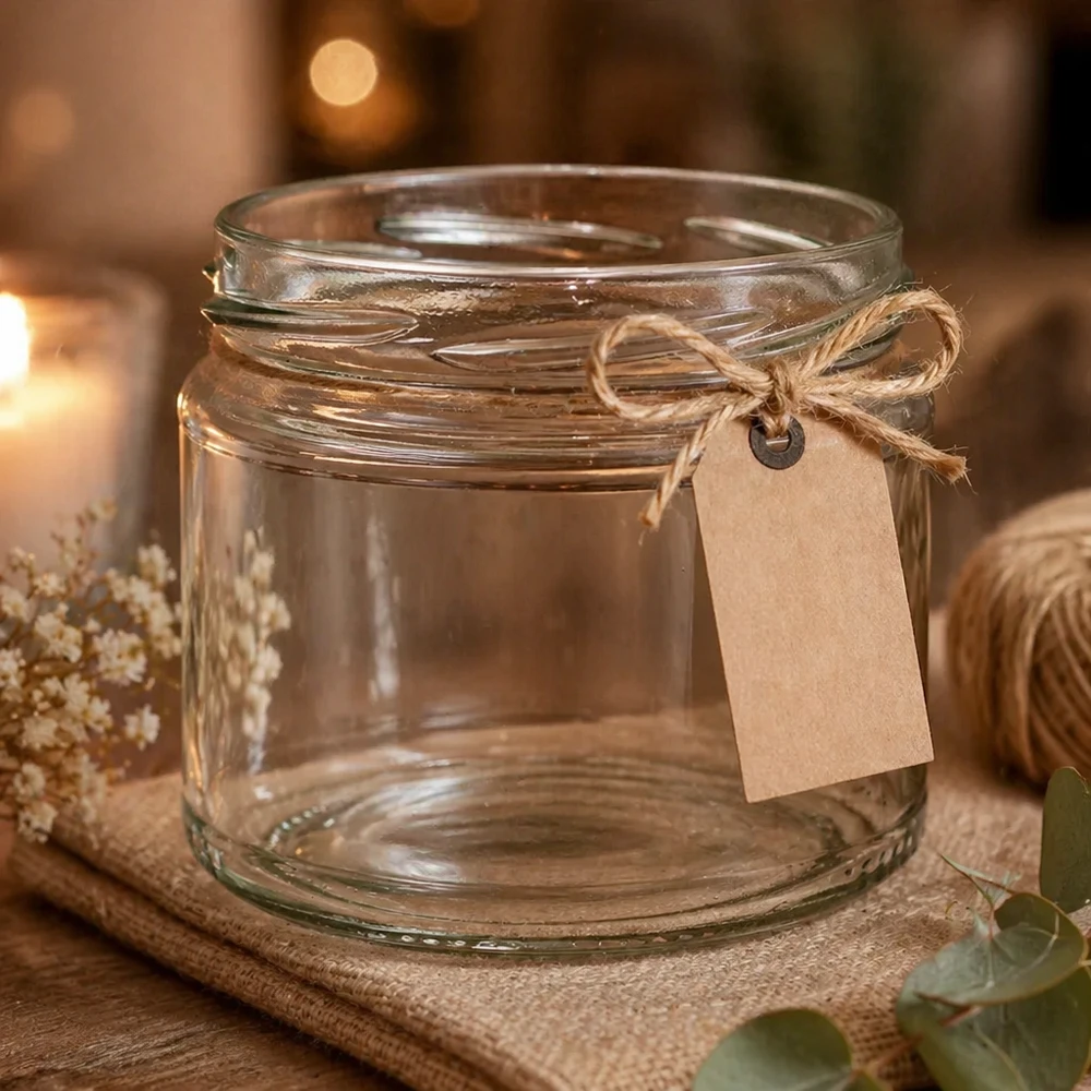 330ml Verre rond sans couvercle (TO82) UNiTWIST UNiTWIST Runda330 Verre rond décoratif avec ruban de jute et pendentif sur fond bois arrangé de façon stylisée