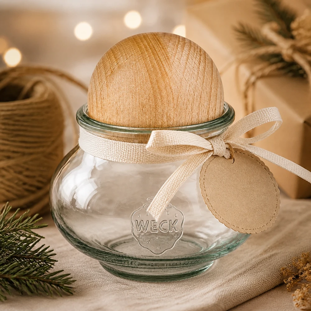 560ml bocal décoratif WECK RR80 avec boule en bois en hêtre WECK Pot de conservation 560ml RR80 Sphère en bois hêtre Emballage cadeau noeud Décoration de Noël présentation festive