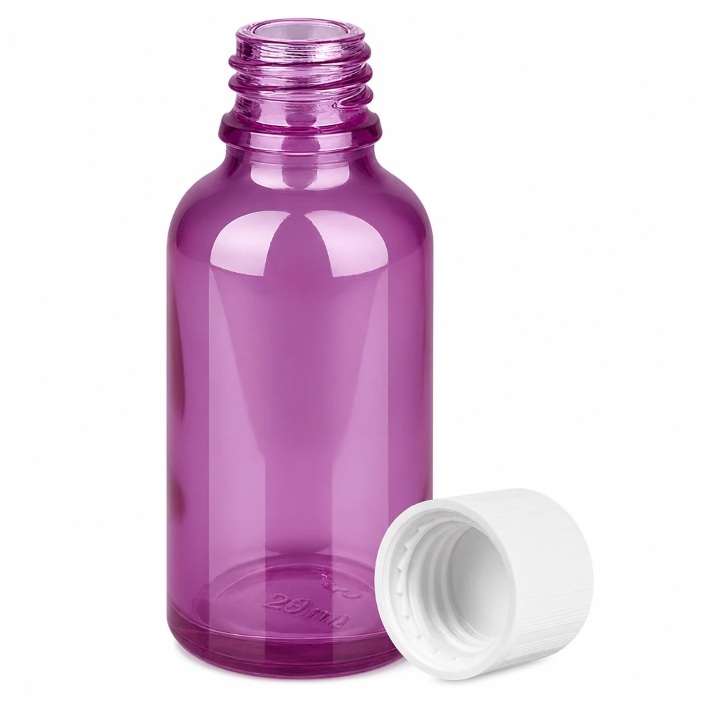 Flacon 30ml bouchon à vis 11mm blanc standard sécurité enfant PurpleLine UT18/30 Petit flacon en verre violet de 30 ml avec couvercle blanc - parfait pour les cosmétiques et les mélanges DIY