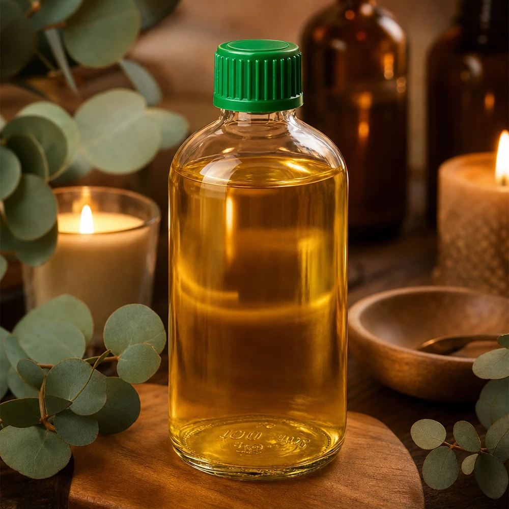 Flacon compte-gouttes ClearLine de 100 ml avec de l'huile dorée, un bouchon vert et des brindilles d'eucalyptus sur du bois