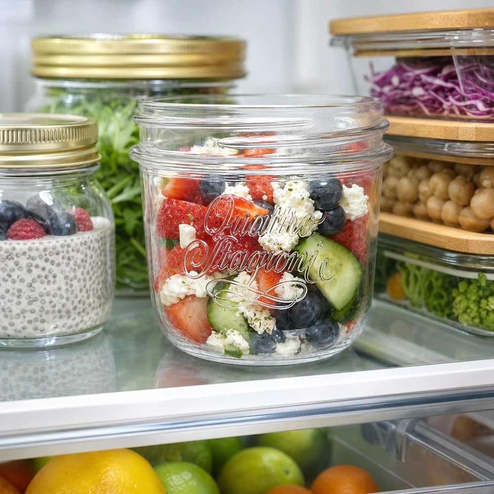 Pot à bijoux Quattro Stagioni de 200 ml avec de la salade fraîche dans le réfrigérateur à côté d'autres bocaux contenant des aliments
