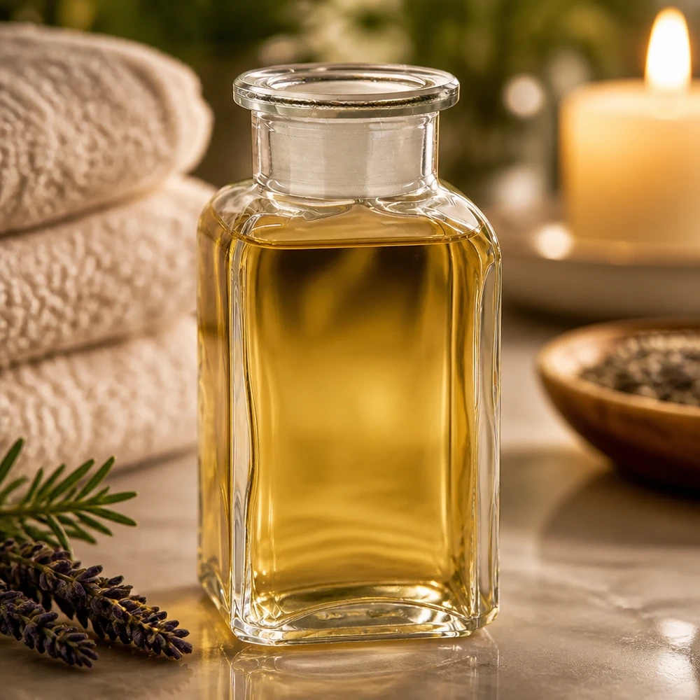 Flacon carré col large 100 ml + bouchon RIN, verre clair Petite bouteille carrée en verre transparent de 100 ml à col large, idéale pour les huiles de massage