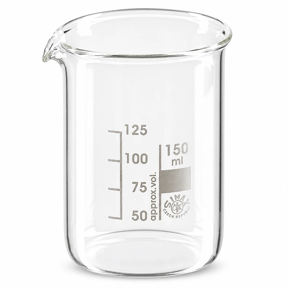 Bécher 150ml en verre borosilicate résistant à la chaleur (forme basse) Bécher 150ml en verre borosilicaté avec bec verseur et graduation pour laboratoire