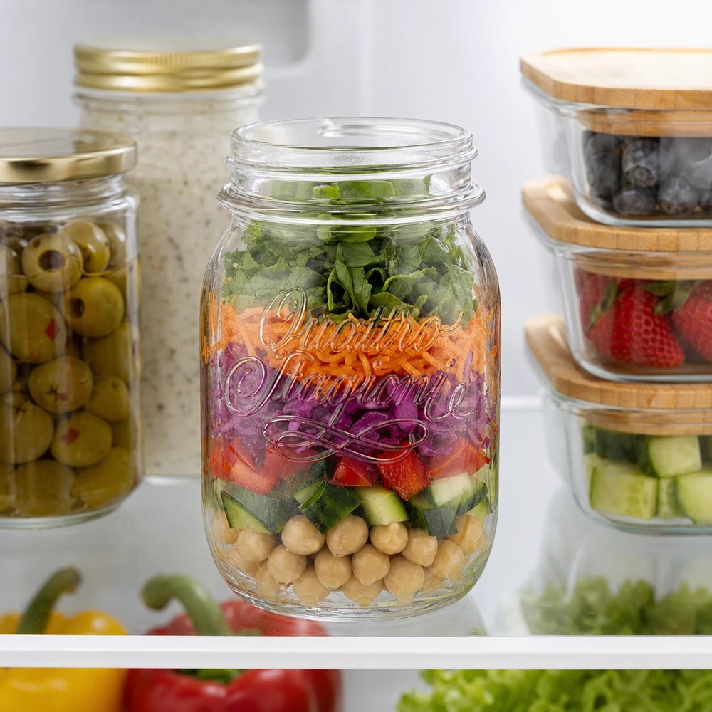 500ml Quattro Stagioni bocal ménager rempli de salade en couches dans le réfrigérateur à côté d'autres bocaux de stockage