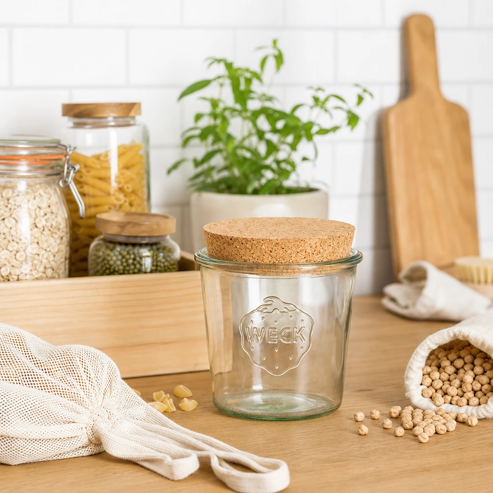 580ml bocal conique WECK RR100 avec bouchon nature WECK Bocal à provisions 580ml RR100 avec couvercle en liège dans la cuisine durable Zero Waste avec sacs en tissu et légumineuses