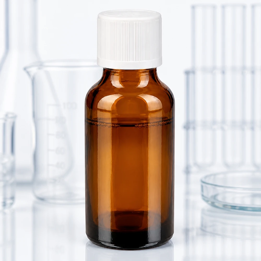 Flacon pharm. brun 20ml, bouchon blanc, sécu. enfant std. Petit flacon en verre brun de pharmacie de 20 ml muni d'un compte-gouttes de 1,2 mm, utilisé dans un laboratoire scientifique