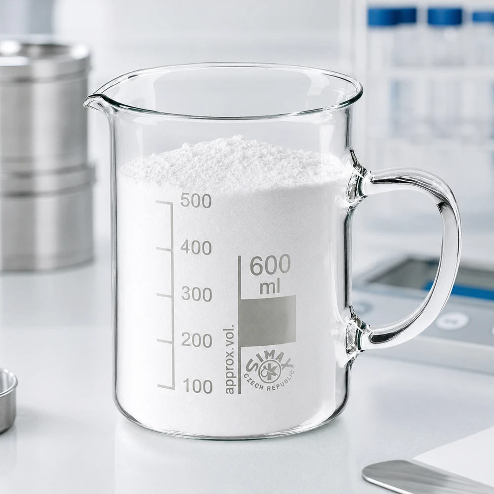 Bécher avec poignée 600ml en verre borosilicate résistant à la chaleur (forme normale) Bécher de 600 ml en verre borosilicaté transparent contenant de la poudre blanche, utilisé en laboratoire