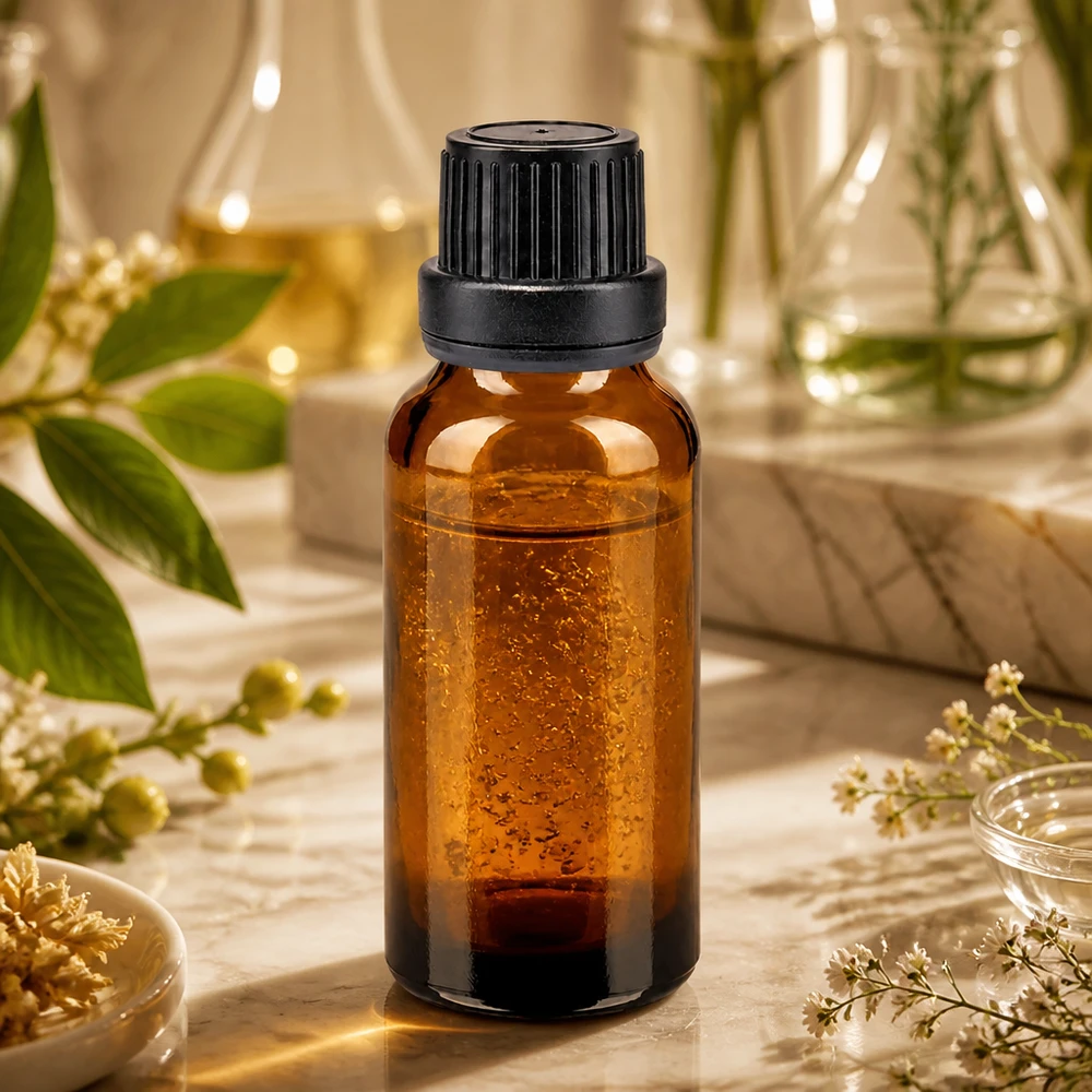 Flacon en verre brun de 20ml fermé par un bouchon vissable noir. Flacon en verre ambré haut de gamme de 20 ml avec protection anti-UV et bouchon noir de 11 mm pour cosmétiques naturels