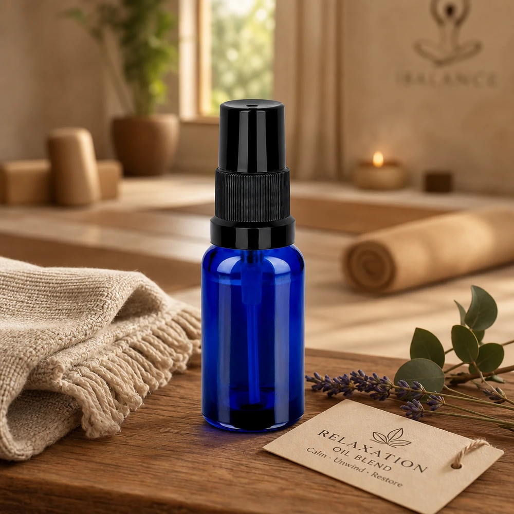 Vaporisateur 20ml noir STD BlueLine UT18/20 Bouteille en verre bleu cobalt élégante de 20 ml avec mécanisme de pulvérisation noir pour les applications d'aromathérapie