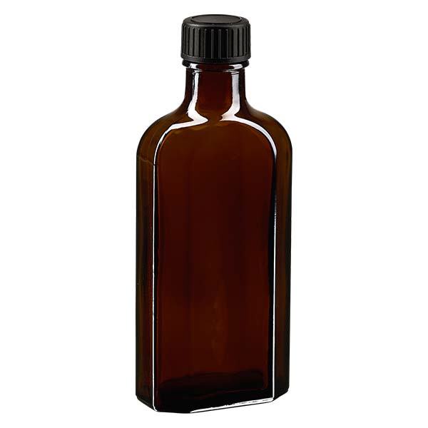 Flasque brune de 125 ml au goulot DIN 22, avec bouchon à vis DIN 22 noir et joint PEE Flasque brune de 125 ml au goulot DIN 22, avec bouchon à vis DIN 22 noir et joint PEE