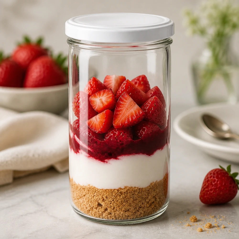 230ml Verre conique avec couvercle BasicSeal blanc UNiTWIST Verre renversé de 277 ml rempli de dessert aux fraises - Dessert en couches dans un bocal avec un fond de biscuits et des fruits frais