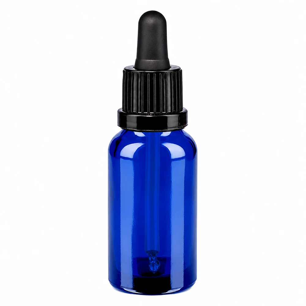 Flacon à pipette 20ml noir OV BlueLine UT18/20 Bouteille en verre de haute qualité de 20ml bleue avec embout de pipette noir pour les applications pharmaceutiques