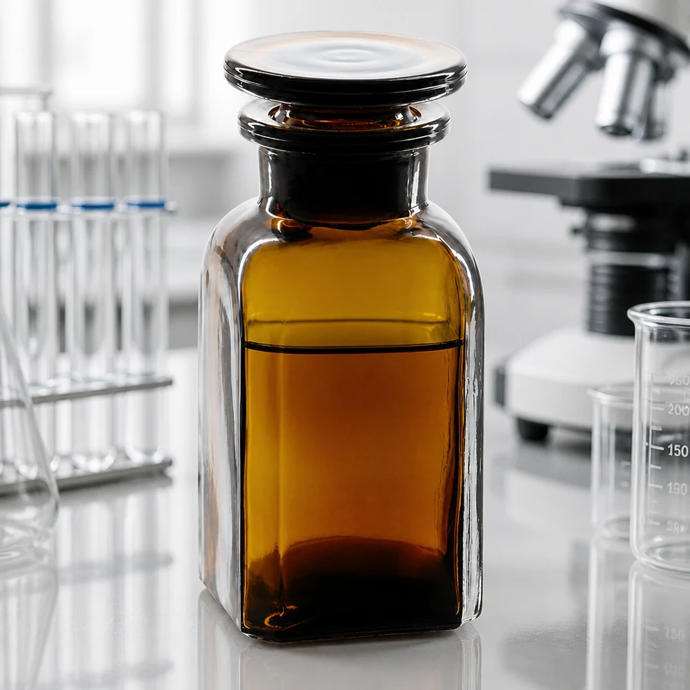 Flacon carré col large 100 ml + bouchon RIN, verre ambré Flacon pour produits chimiques à col large, 100 ml, carré, marron, peu encombrant et empilable, pour laboratoires