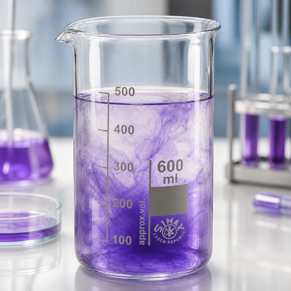 Bécher 600ml en verre borosilicate résistant à la chaleur (forme haute) Verre de chimie de 600 ml, modèle haut, contenant un liquide violet, à côté de flacons Erlenmeyer et de tubes à essai