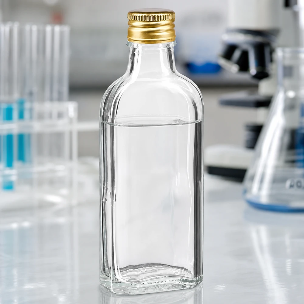 Bouteille en verre rectangulaire plate de 100 ml, transparente, avec un bouchon doré PP22, à côté d'un microscope et de tubes à essai