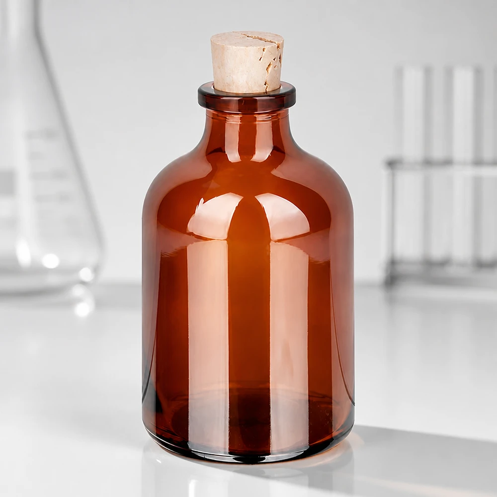 Flacon en verre ambré 50 ml avec bouchon de liège 11/14 mm Bernsteinfarbene Laborflasche 50ml mit Kork für Proben und Reagenzien