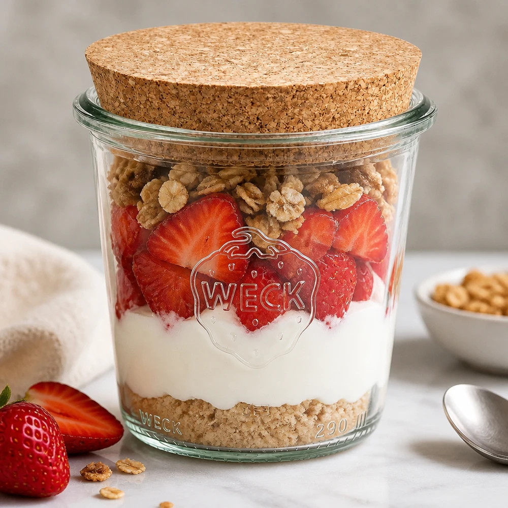 290ml bocal conique haut WECK RR80 avec bouchon nature WECK Verre renversé 290ml RR80 avec couvercle en liège comme verre à dessert rempli de couches de fraises, de yaourt et de noix