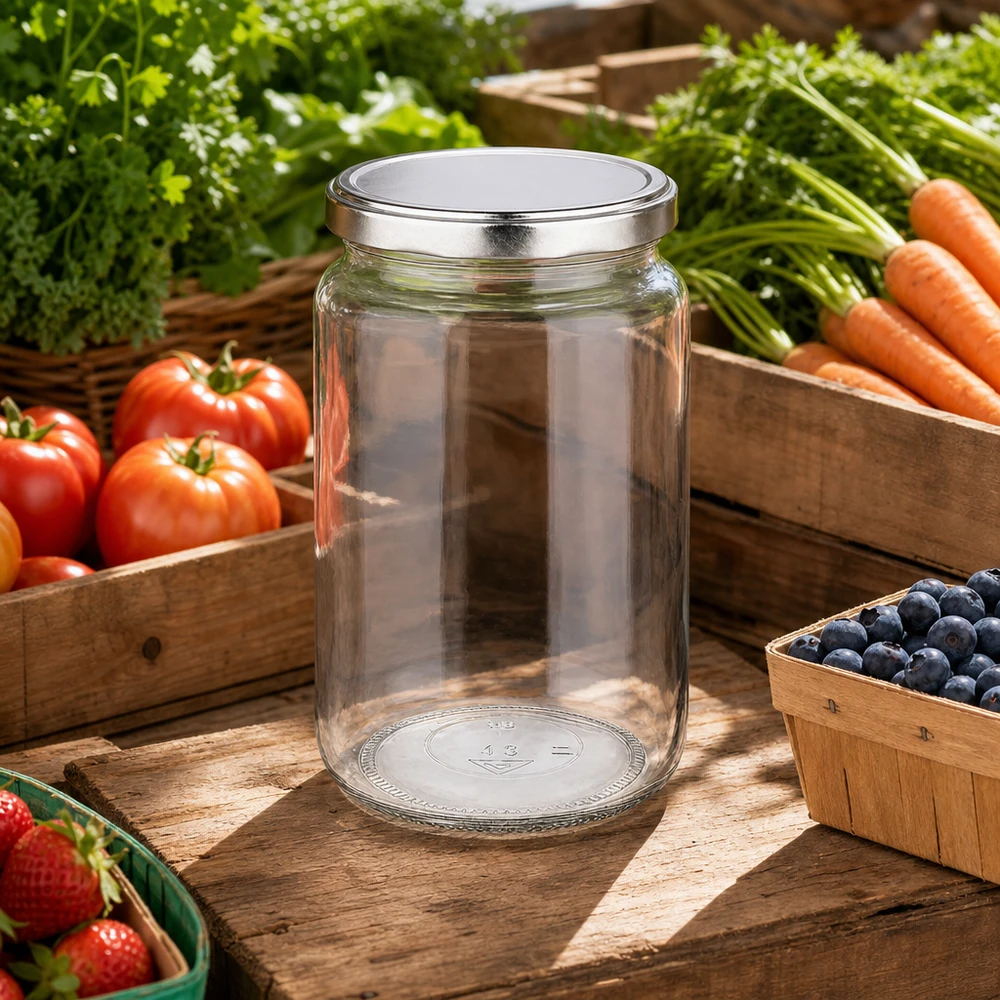 Bocal rond de 795 ml avec couvercle BasicSeal dans une cuisine rustique en plein air entourée de légumes et de fruits frais