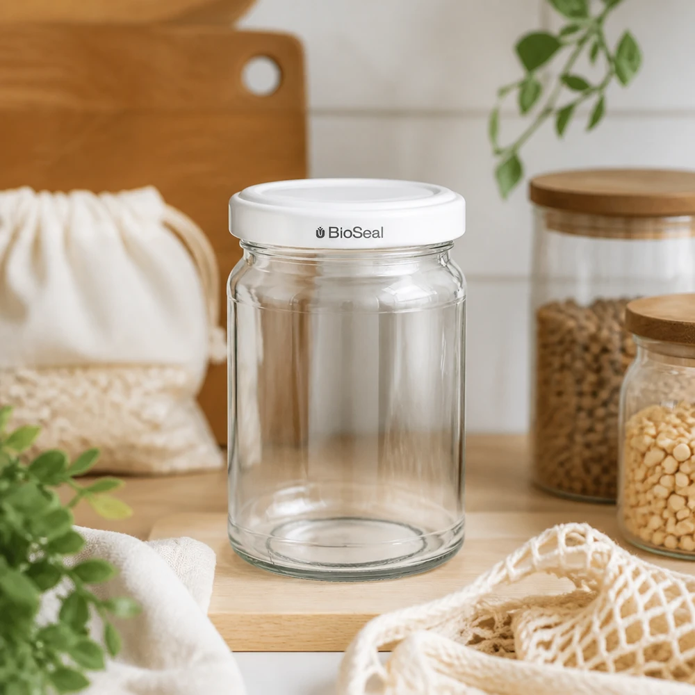 205ml Verre rond avec couvercle BioSeal blanc UNiTWIST UNiTWIST Runda205 bocal de stockage vide avec couvercle TO58 BioSeal dans une cuisine durable avec des sacs en jute et des légumineuses