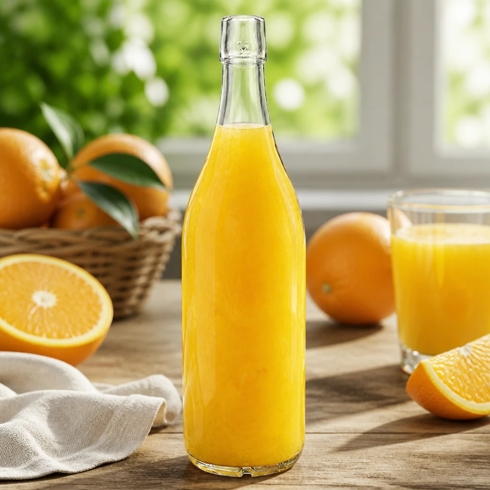 Bouteille en verre de 1000 ml sans bouchon mécanique UNiTWIST Bouteille en verre 1000ml UNiTWIST remplie de jus d'orange Oranges fraîches Table de cuisine Lumière naturelle saine