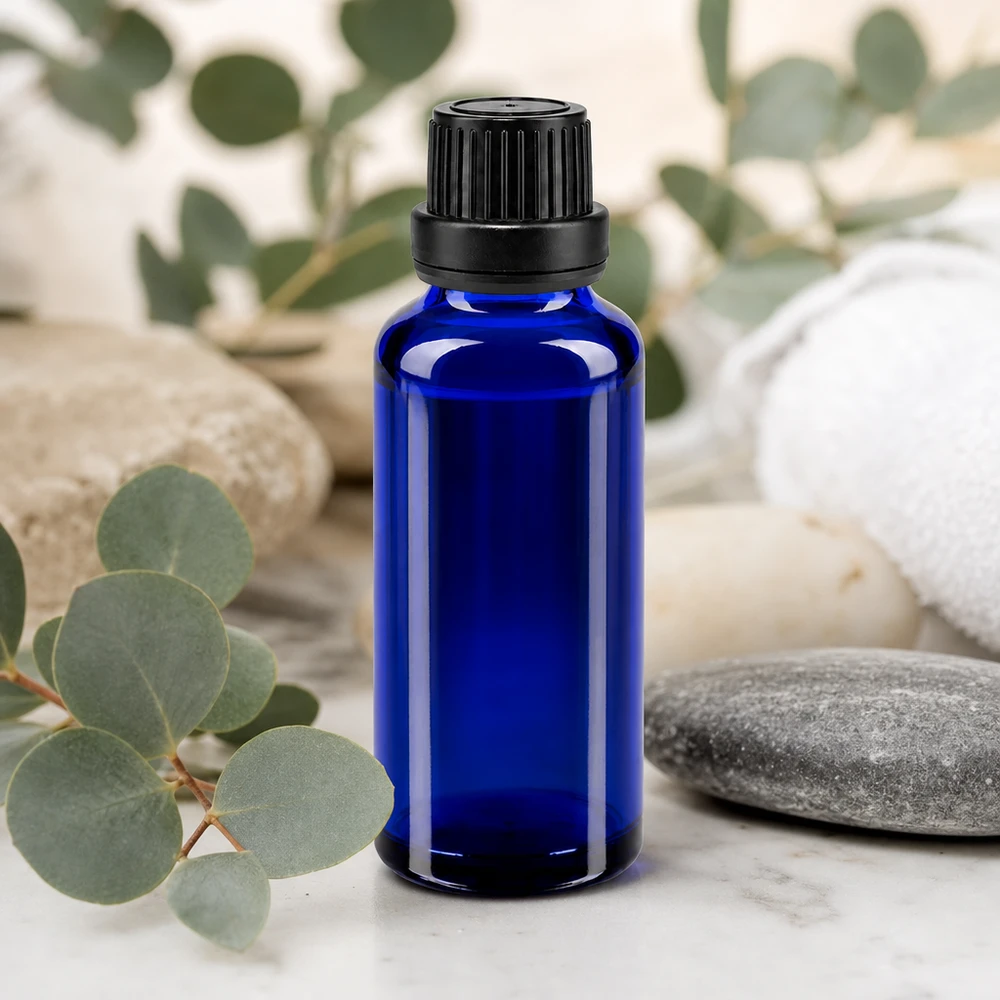 Flacon de 30 ml en verre bleu anti-UV, muni d'un compte-gouttes de 2 mm et d'un bouchon à vis noir